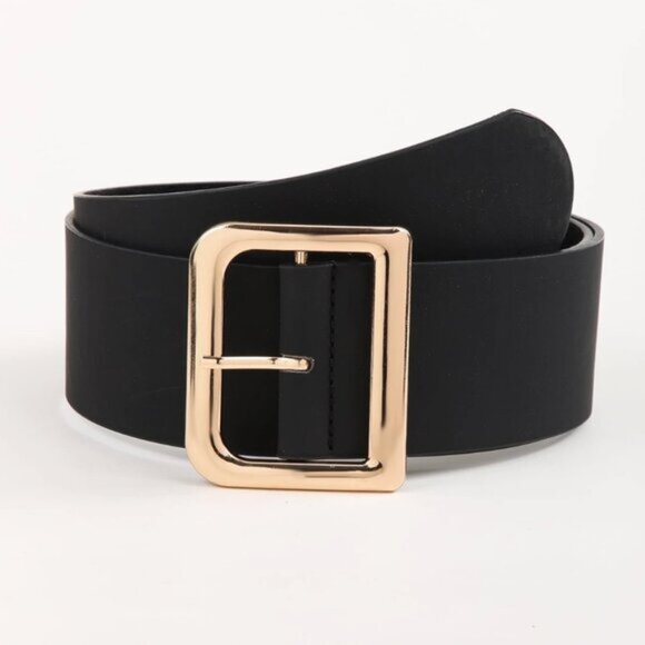 Vegan Leather Gold D Buckle Belt Black Black Vegan Leather Belt: Gold Double-buckle Fashion  main image 2
